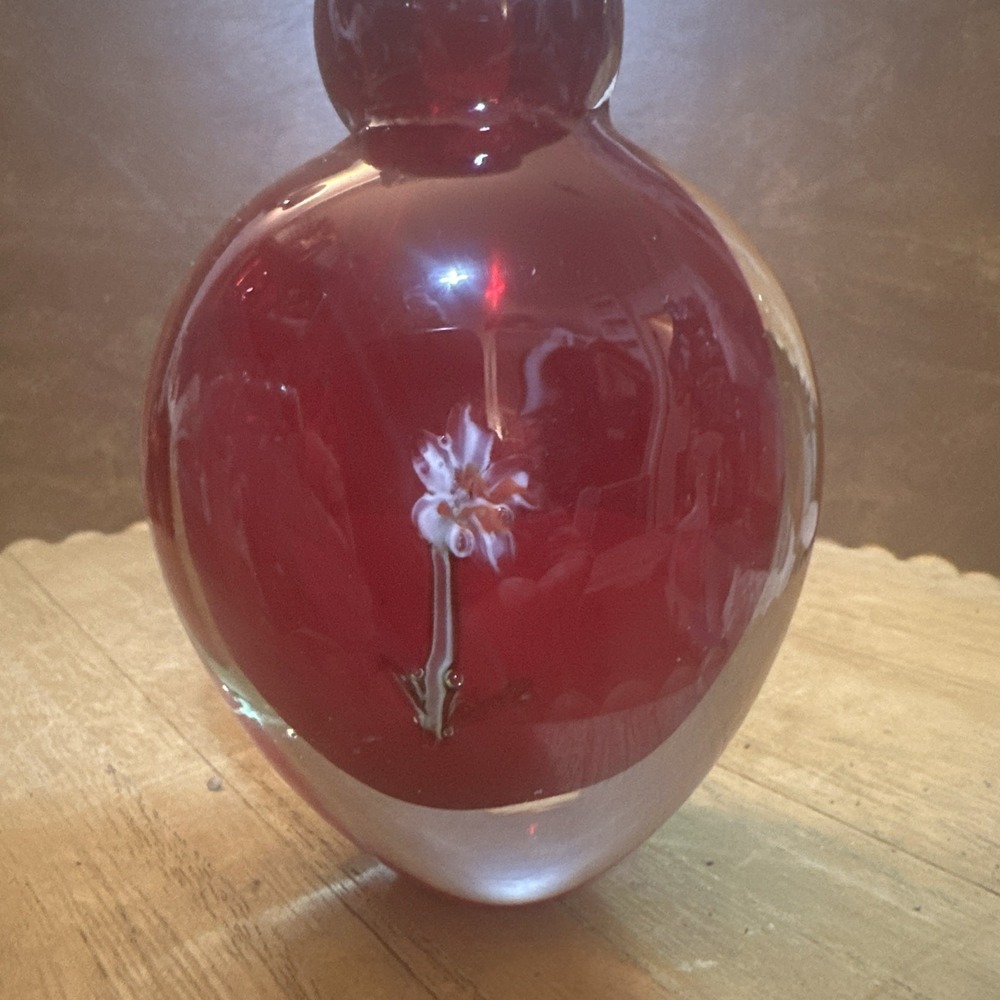 Vintage Cherry Ruby Red Art Glass Perfume Bottle w/ Flowers & Stopper - Picture 2 of 7